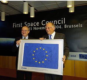 Jean-Jacques Dordain and Günter Verheugen at the first Space Council in 2004 