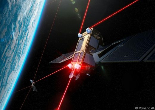 Ein Kommunikationssatellit fliegt in der Umlaufbahn der Erde