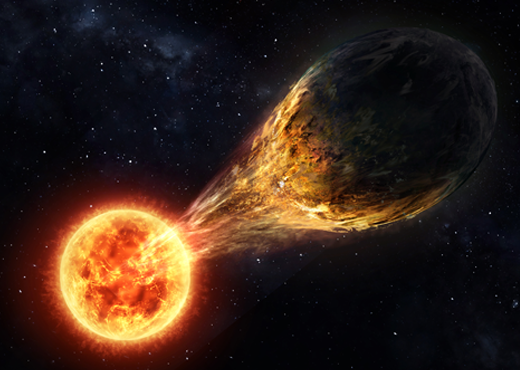 Der extrasolare Planet WASP-12b wird gerade von seiner Sonne aufgefressen.
