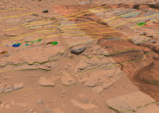 Shaler region of planet Mars with geological annotations done in PRo3D.