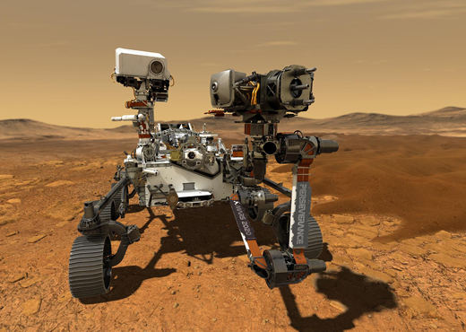 This illustration depicts NASA's Perseverance rover operating on the surface of Mars