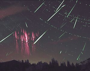 Sprites and perseids meteor shower in the countryside near Nýdek in the Czech Republic.