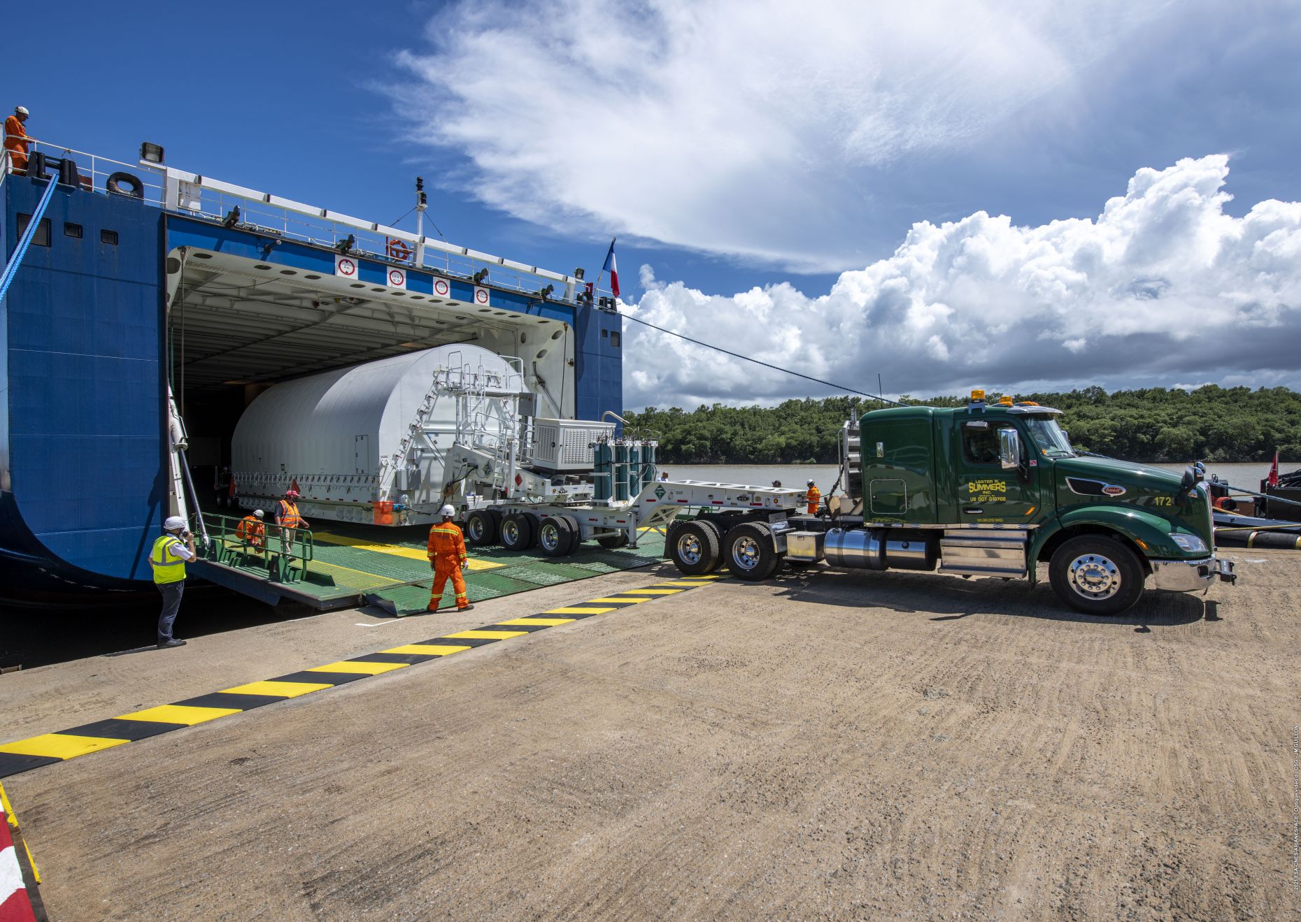 The James Webb Space Telescope arrived safely at Pariacabo harbour in French Guiana on 12 October 2021 ahead of its launch on an Ariane 5 rocket from Europe's Spaceport.
