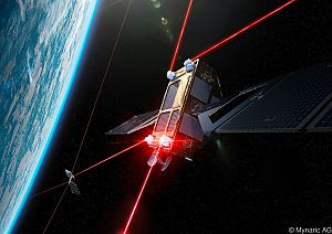 Ein Kommunikationssatellit fliegt in der Umlaufbahn der Erde