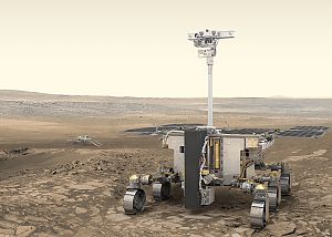 Künstlerische Darstellung des ExoMars-Rovers der ESA (im Vordergrund) und der russischen Wissenschaftsplattform (im Hintergrund) auf dem Mars.