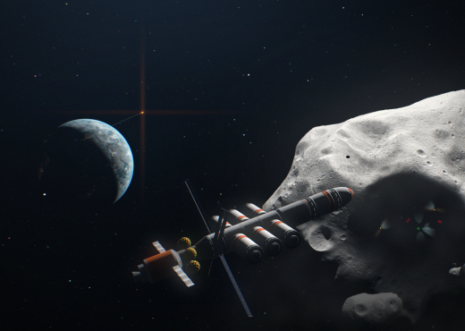 Eine Animation-Still eines Raumschiffs, der Ressourcen von einem Asteroiden abbaut. 