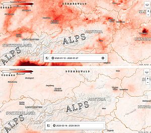 Zwei Landkarten der österreichischen Alpen, eine von Jänner, die andere vom Mai. 
