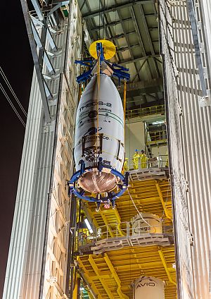 Vega VV23 upper composite being lifted onto its launcher, preparing to fly.