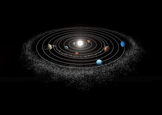 Grafische Darstellung eines Sonnensystems im schwarzen Weltall 