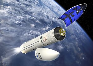 Darstellung der 3 Bestandteile der Trägerrakete Ariane 6 vom Weltraum aus gesehen mit der Erde im Hintergrund