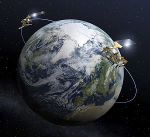 Welt im All und Satelliten umkreisen sie.