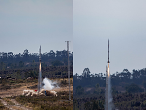 Rakete beim Abheben aus zwei unterschiedlichen Perspektiven.