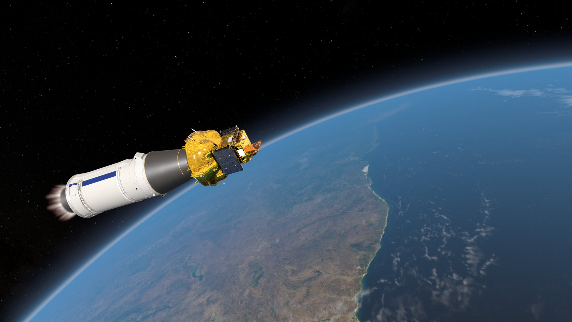 Ein Raumfahrzeug mit goldfarbenem Instrumentenmodul und Solarpaneelen trennt sich von einer Raketenstufe und fliegt über der Erde, deren gekrümmter Horizont und eine Küstenlinie vor dem schwarzen Weltraum sichtbar sind.