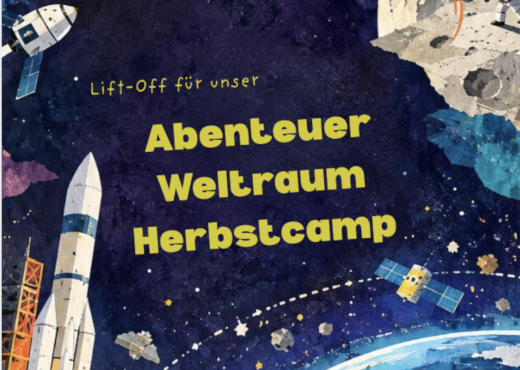 Weltraum-Zeichnung mit Weltraumraketen, Satelliten, Asteroiden, Sternen und Planeten vor dunkelblaume Hintergrund und dem Text "Lift-Off für unser Abenteuer Weltraum Herbstcamp"