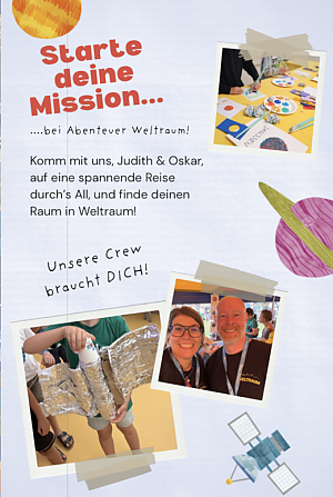 Flyer: Starte deine Mission..bei Abenteuer Weltraum! Komm mit uns, Judith & Oskar, auf eine spannende Reise durch