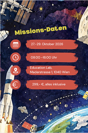 Flyer mit Missions-Daten vor gezeichnetem Weltraumhintergrund