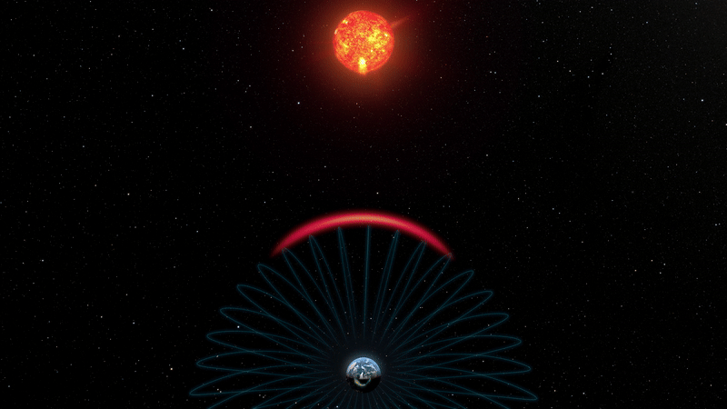 Eine Illustration des Erdmagnetfelds mit Feldlinien, die sich in den Weltraum erstrecken, während ein solares Ereignis geladene Teilchen zur Erde schickt und den magnetischen Schutzschild verformt.