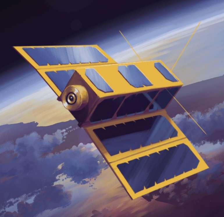 Illustration eines CubeSats im Orbit