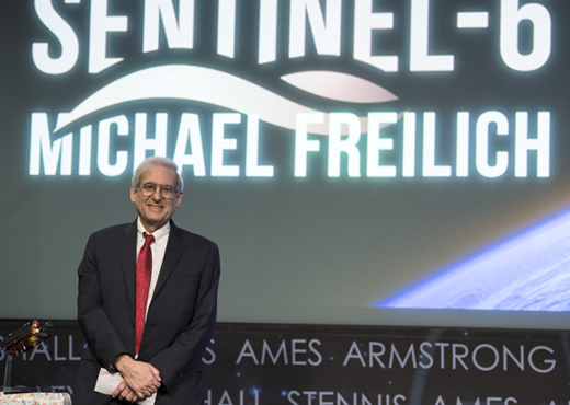 Former director of NASA’s Earth Science Division, Mike Freilich is seen onstage at the conclusion of a renaming ceremony for the international ocean science satellite previously known as Sentinel-6A/Jason-CS, 